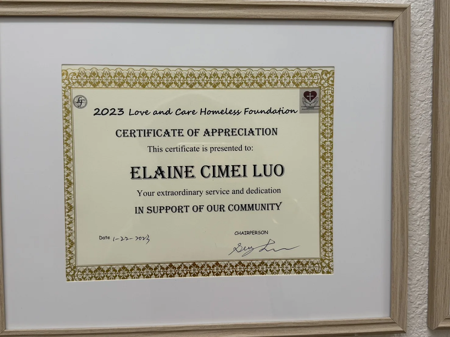 Community appreciation certificate presented to Ellaine Luo
