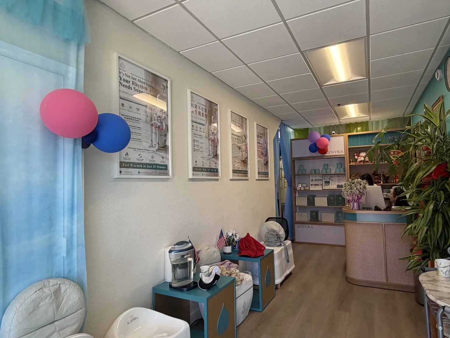 Zenyra reception and waiting area with aqua curtains and plants