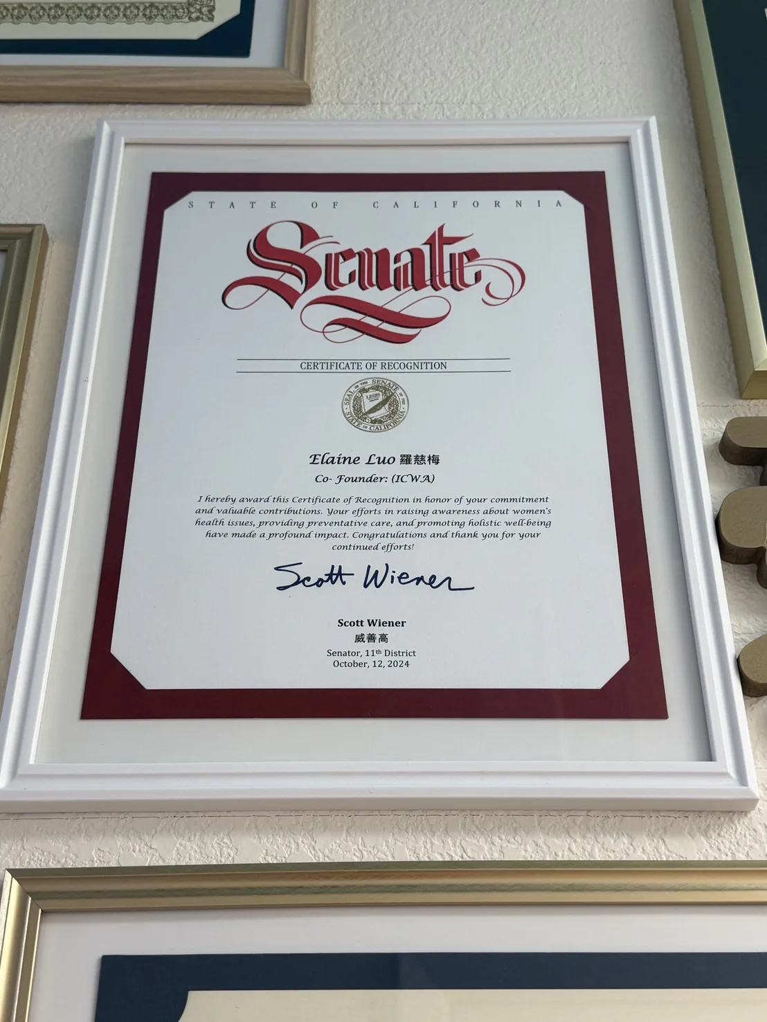 Recognition certificate from the California State Senate